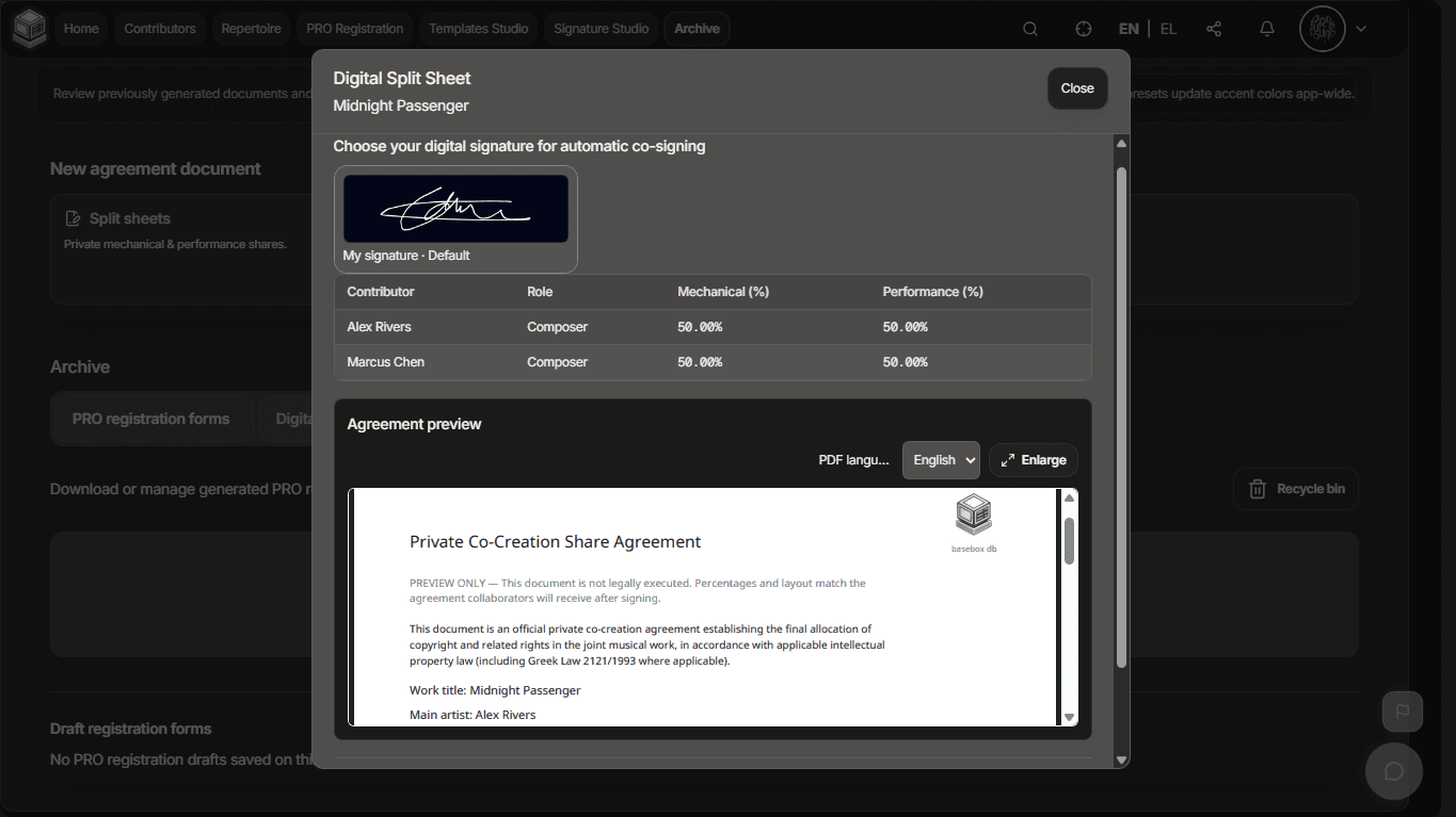 BaseBox digital Split Sheet modal with shares and agreement preview