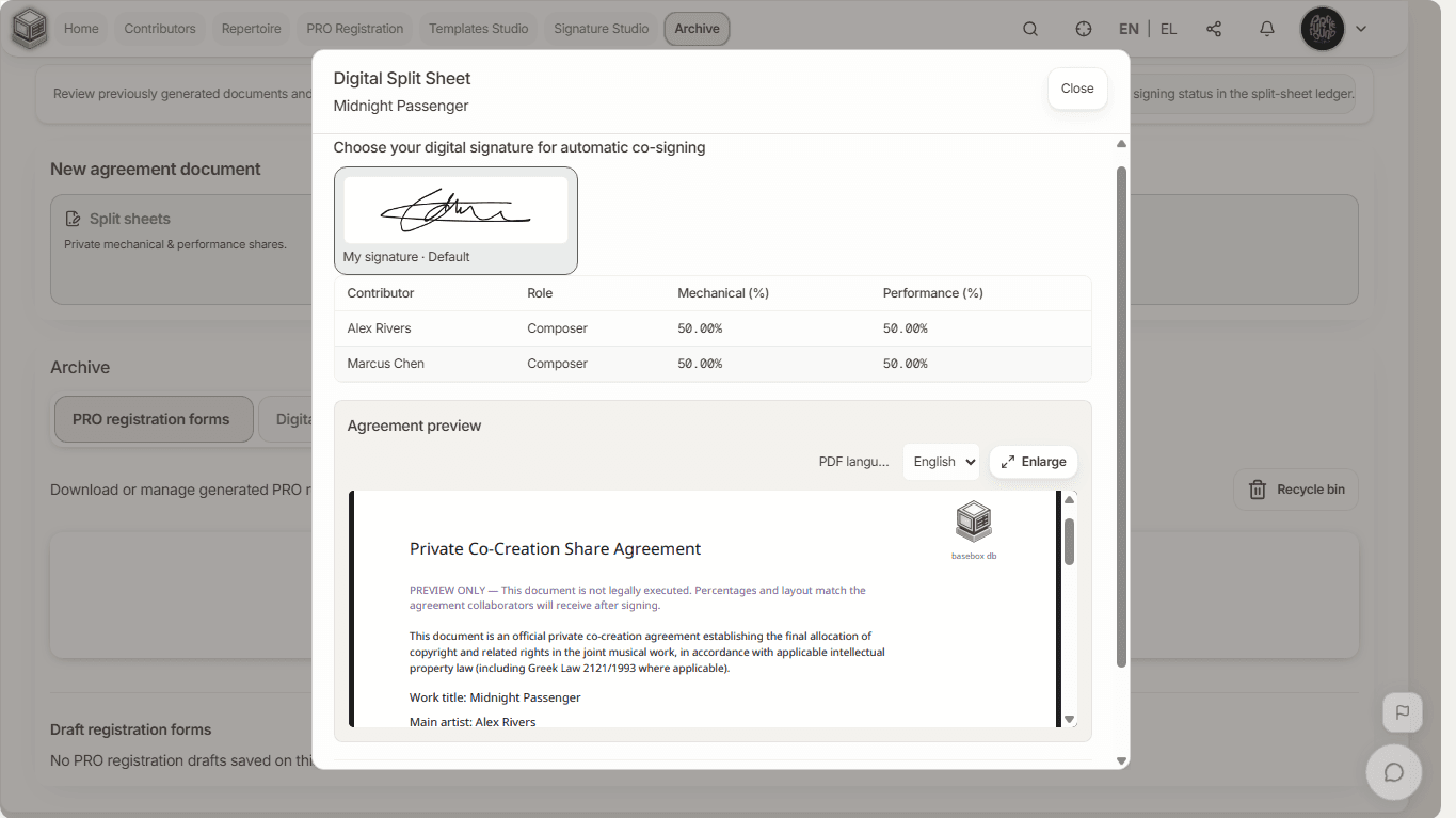 BaseBox digital Split Sheet modal with shares and agreement preview