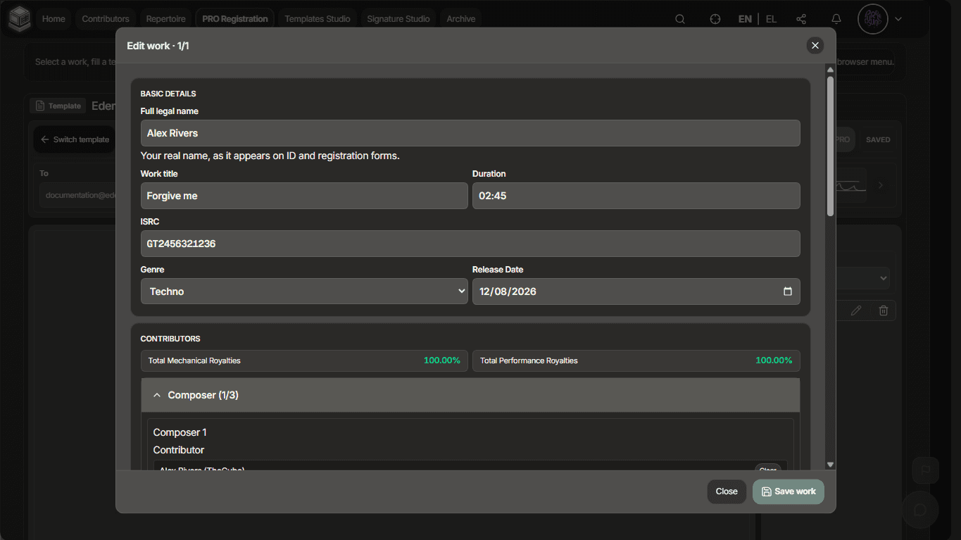 BaseBox PRO Registration edit work form with contributor shares