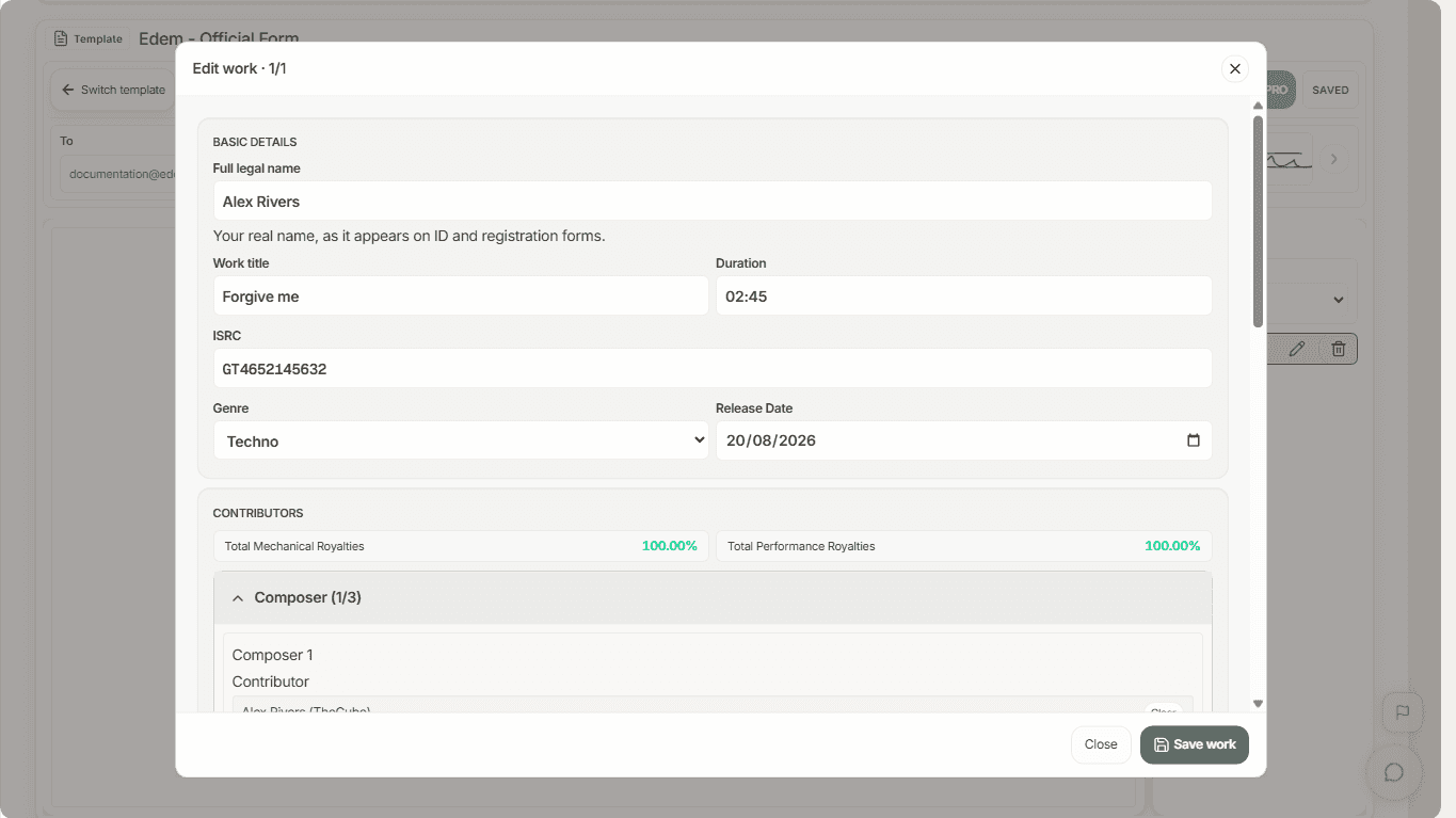 BaseBox PRO Registration edit work form with contributor shares